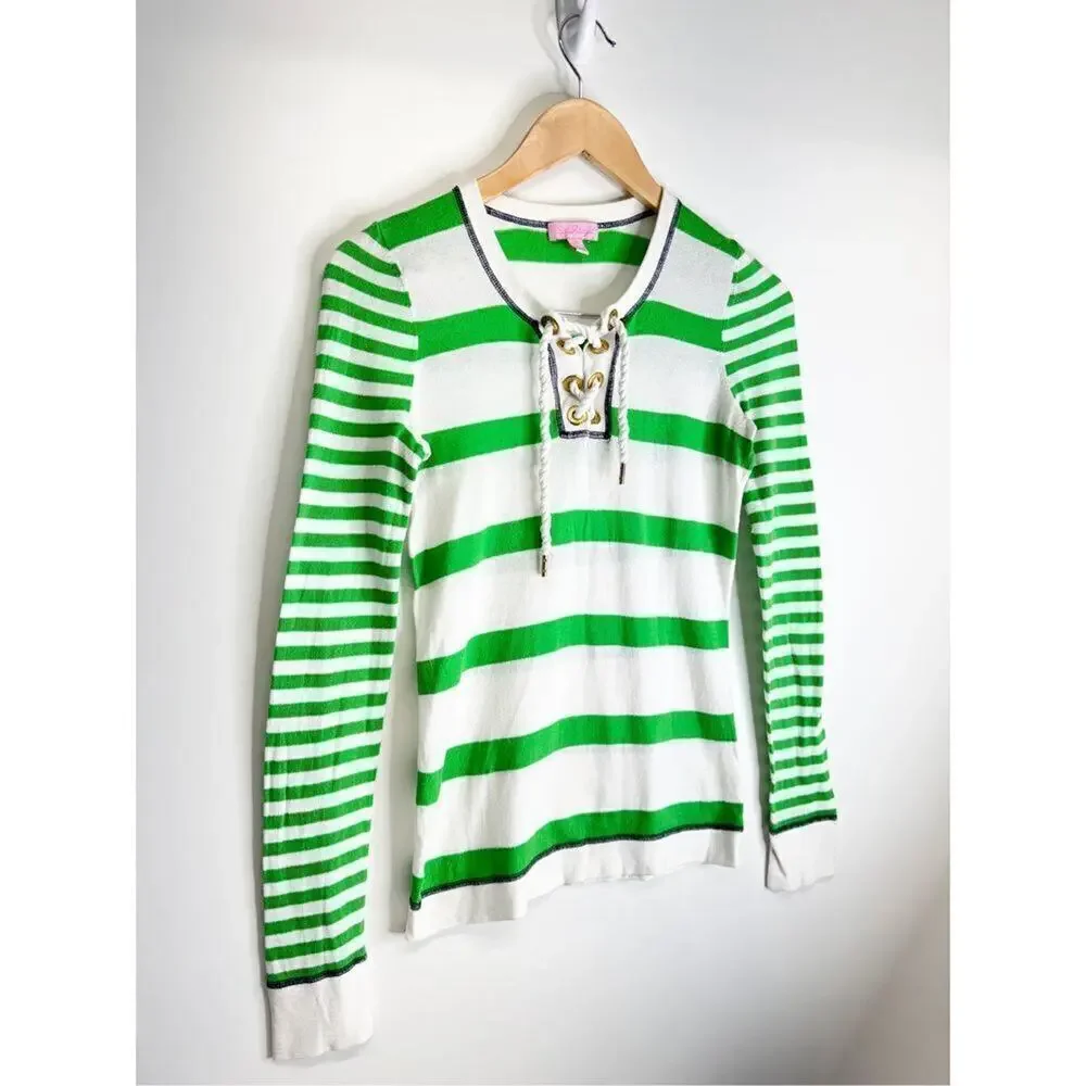 Lilly‎ Pulitzer Sweater Size Small Green White Striped Long Sleeve Pullover